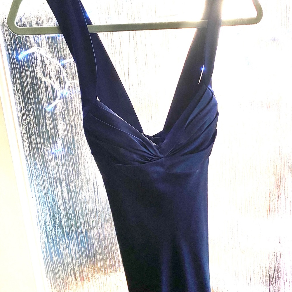 Halter-style,navy blue Calvin Klein gown.